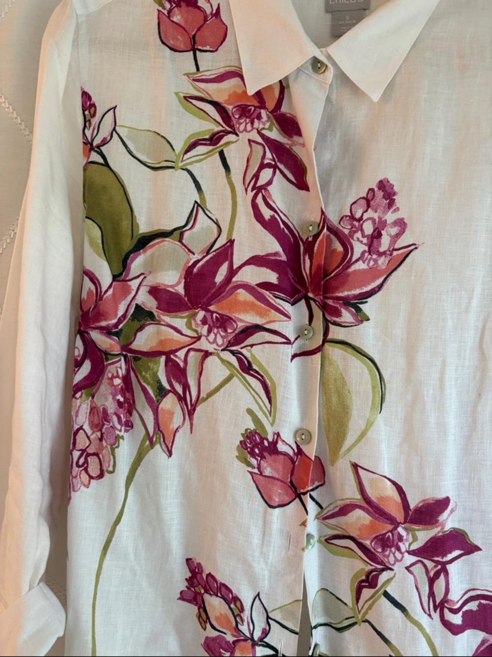 Chico's White Linen Shirt with Fuchsia Floral Print - Picture 2 of 5